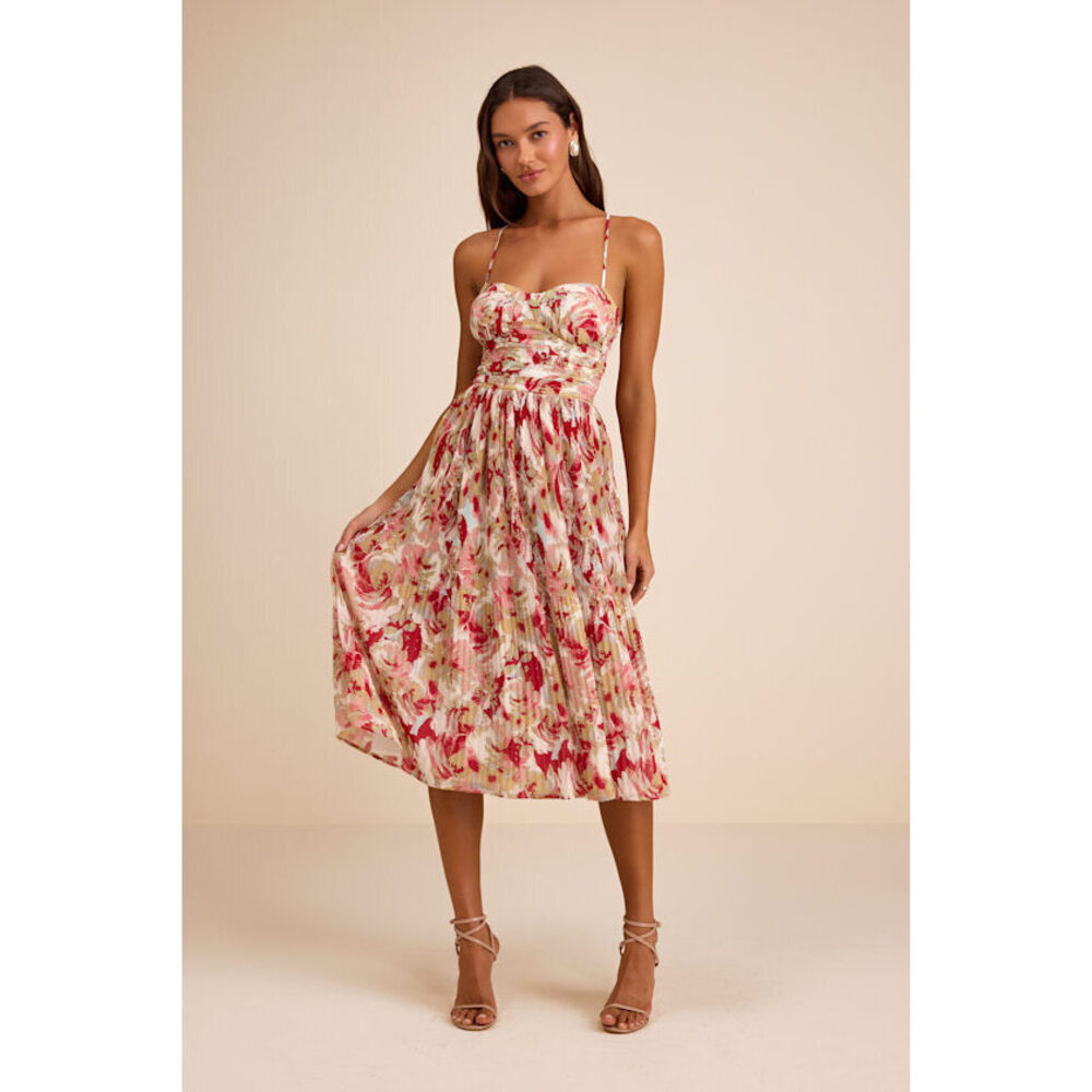 NWT Lulus Aleyna Red Multi Abstract Pleated Lace-up Bustier Midi Dress - Size M